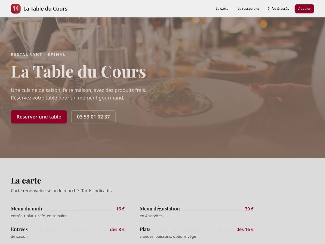 Exemple de site réalisé — La Table du Cours